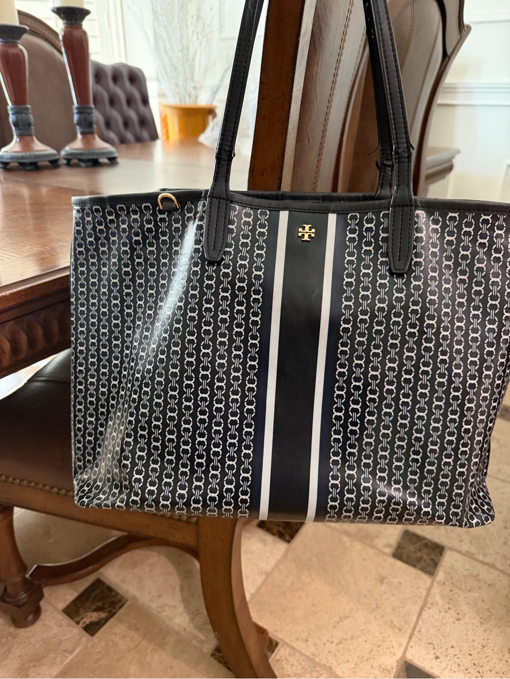 Tory Burch Black and White Logo Stripe Tote